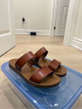 Brown Double-Strap Slide Sandals